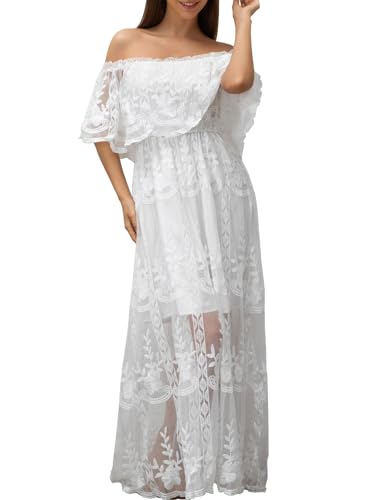 Image of HOYISHION Women's Off The Shoulder Floral Lace Maxi Dress White Bridesmaid Wedding Party Maternity Photoshoot Long Dresses