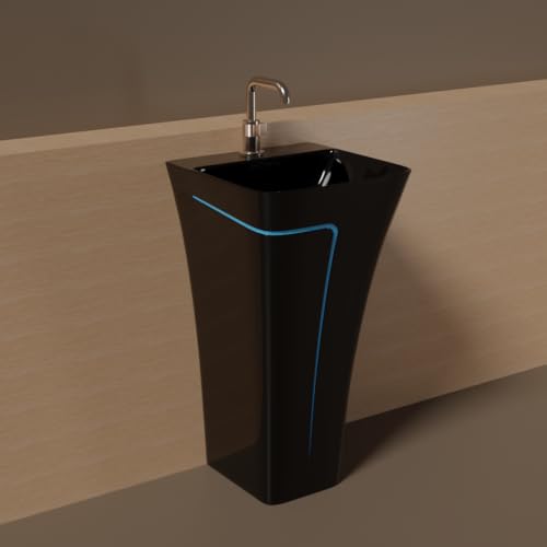 Image of Pedestal Wash Basin, Ceramic One Piece Wash Basin for Bathroom & Living Room, Modern Home Wash Basin with Glossy White Finish (L15XW15.8XH35 Inch) (Black + T. Blue Line)