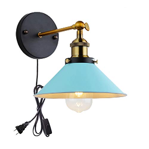 Image of ANYE Wall Sconces with UL Plug-in Button Black Cord Retro Minimalist Style Macaron Blue Iron Lampshade Decor Lights Fixtures for Loft Cabinet Kitchen Hotel Bulb Sold Separately