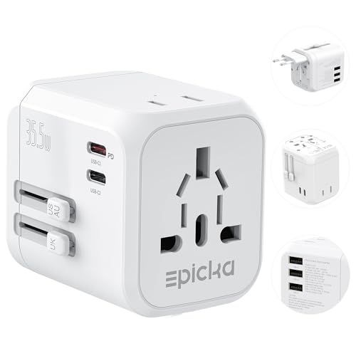 EPICKA 35W Universal Travel Adapter with 2 AC Outlet, European Travel Plug Adapter with PD Fast Charging, 6-Port (2 AC/2 USB-C/3 USB-A) International Power Adapter - Travel Essentials (TA-205, White)