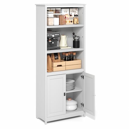 Image of Furinno Robin 5-Tier Storage Cabinet, 2 Door Pantry Cabinet, Plain White