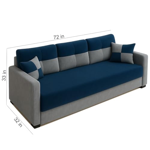 Image of FURNY Premium Opula 3 Seater Sofa Set, Fabric 3 Seater Sofa Set for Living Room | with Velvet Fabric | in Dark Blue & Light Grey Color