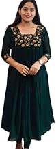 Women's Floral Embroidered Anarkali Kurti, Emerald Green, 3/4 Sleeve Square Neck