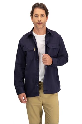 imagen de REIMER Camisola Ignífuga Hombre Protección Fuego Trabajo Soldador Categoría 2 Norma NFPA 2112 Algodón Nylon Bolsillos Cuello Inglés Industrial (MX/US, Alfa, Grande, Regular, Regular, Azul)