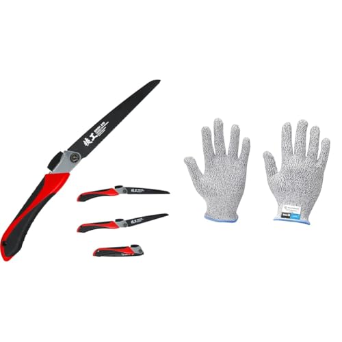 【セット買い】角利産業(Kakuri Sangyo) 粗大ゴミ解体ノコギリ 本体 刃渡り210mm 黒刃 替刃式 コンパクト折込鋸 角度2段切替 収納式 日本製ブレード使用 4382 + マルチクラフト 切れない手袋 防刃 耐切創レベル5 M グレー