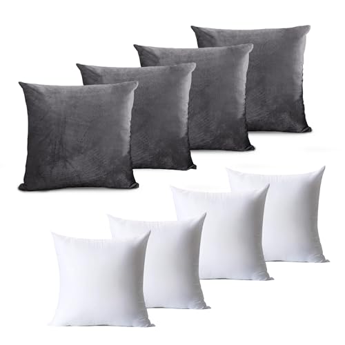Hafaa Velvet Cushions with Covers Included Set of 8 (4 Charcoal Cushion Covers, 4 Cushion Inserts 45cm x 45cm) Luxury Decorative Fluffy Square Throw Pillow Case Sofa Cushion with Invisible Zipper