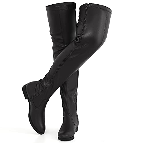 Knee High Flat Boots for Women,No Heels Thigh High Low Block Heel Bootiss Fashion Comfy Round Toe Boots Stretchy Slouchy Winter Spring Boot with Side Zipper Black,09