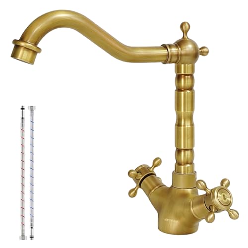 KOPYFANTAP Robinet de Lavabo en Laiton Antique, Robinet Cuisine Laiton Rétro à Double Poignée, Rotatif à 360° Mitigeur en Bronze de Salle de Bain Chaud et Froid