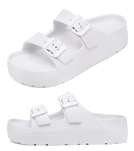 Women's White Platform Sandals with Arch Support, Adjustable Two Strap Thick Soles Sandal, Comfort Lightweight Slides Beach Home and Street