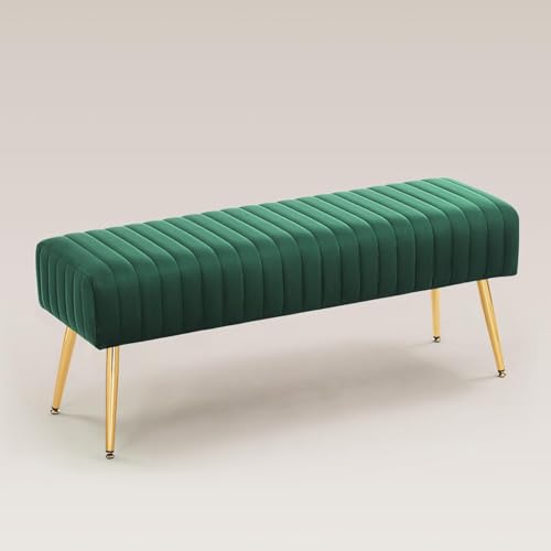 Image of Modern Velvet 2 Seater Ottoman | Upholstered Long Ottoman for Bedroom, Living Room, Entryway, Sofa Upholstered or End of Bed Seating | Comfortable Padded Accent Furniture | Velvet Green