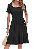 AUSELILY Womens Summer Dresses 2025 Casual Short Sleeve Dress Square Neck A-Line Ruffle Sundress with Pockets, Black XL