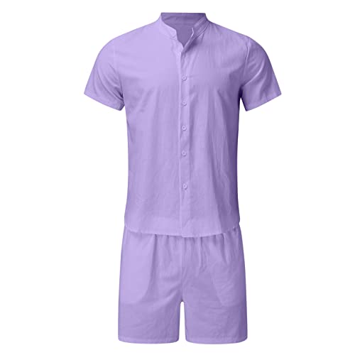 Mens 2 Piece Linen Outfit Stylish Casual Summer Tank Tops Shorts Sets Muscle Short Sleeve Shirt Suits D-Purple #TOP2