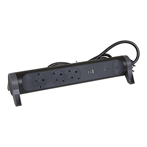 LEGRAND, 694512 obrotowa listwa zasilająca, 3-krotne gniazdko, gniazdo wielokrotne, złącze USB-A i USB-C, zintegrowana ochrona przed przepięciem ze wskaźnikiem stanu (SPD), kabel 1,5 m, czarny