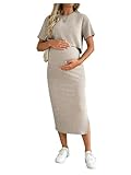 GORGLITTER Women's Maternity Co Ord Sets Rib Knit Short Sleeve Crewneck Top Split Midi Skirt 2 Piece Lounge Wear Apricot Medium