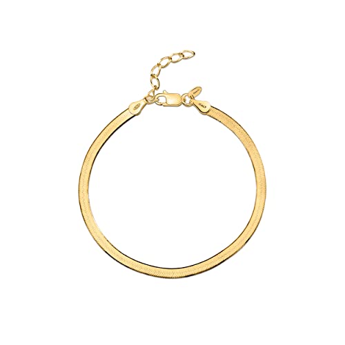 Image of Amberta Women 925 Sterling Silver Flat Snake Bracelet: 3 mm Gold Plated Herringbone Bracelet 20 cm