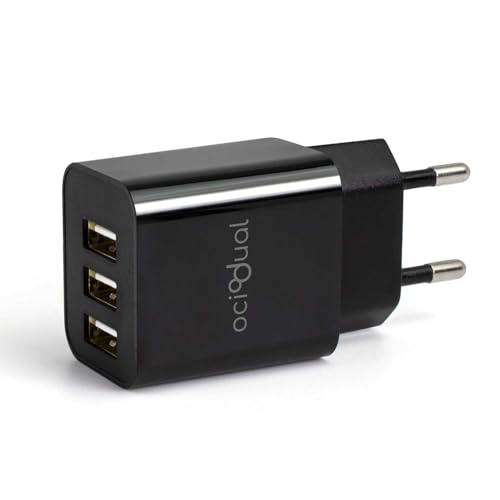 OcioDual Cargador de Pared EU, 3 Puertos USB de 5v, 2.4A, 10W, Cargador para Smartphones, Adaptador de Corriente para Enchufe USB, Carga rápida, Modelo: ST590, Negro