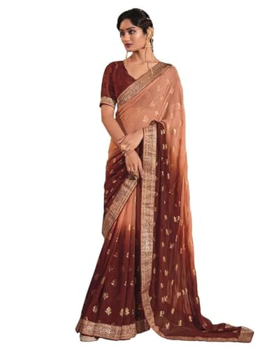Image of SIRIL Women's Lace & Foil Printed Georgette Saree with Unstitched Blouse Piece(2826S474 Maroon, Peach)