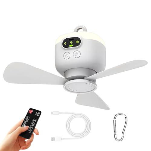 Generico Ventilador de camping con luz, ventilador de luz LED de 4 velocidades – Con mando a distancia para playa, jardín, balcón, coche, camión, exterior, barco, interior, casa