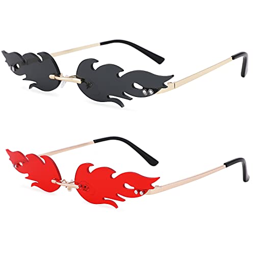 Bouryo Fire Flame Sunglasses for Women Men Retro Fun Rimless Glasses Vintage Fire Shape Halloween Party Eyewear