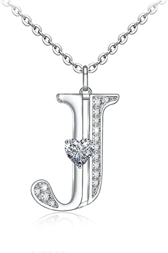 Sianilvera Jewelry Sterling Silver Initial Letter Alphabet Love Heart Cubic Zirconia Pendant Necklace J