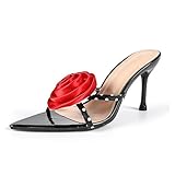 Women's Satin 3D Flower Stiletto Sandals Sexy Pointed Open Toe Slip-On Non-Slip Prom Formal High Heel Sandals for Party, Date, Wedding (red,8.5)