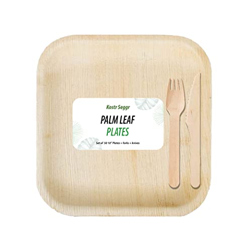 Kostr Seggr 50 Pcs of Square Palm Leaf Plates (50 Plates of 10" with 50 Forks & 50 Knives), Disposable Plates for Party, Wedding Plates Dinnerware Set, Elegant Plates Look Like Wood/Bamboo