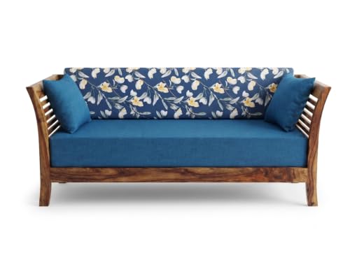 Image of Solid Sheesham Wood 3 Seater Sofa Set for Living Room | Wooden Couch with Cushions | Handcrafted Sheesham Wood Sofa | Home & Office Furniture | 3 Seater Sofa Set |