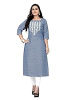Hetsa Women's Casual Embroidered Cotton Plus Size Kurti Blue