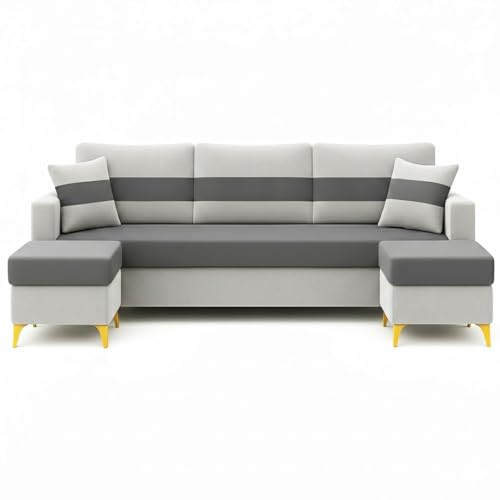 Image of SOCOZI Bastian 5 Seater L Shape Sofa Set with 2 Movable Ottomans | Flexible Layout| Soft Velvet Suede Fabric|Modern Sofa | Plush Comfort Cushions for Living Room (Light Grey-Dark Grey)