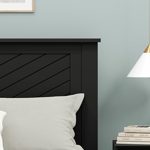 ComfIQ Serene Solid Wood Panel Headboard with Chevron Scoring, Queen Size, Black, Easy Assembly, Quality Materials