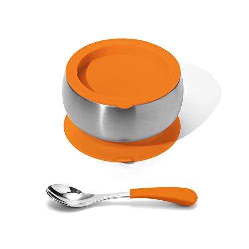 Avanchy Stainless Steel Suction Bowl & Spoon - Spoon Combo - Stainless Steel Kids Bowls - Suction Bowls with Lids - Silicon Suction (Orange)