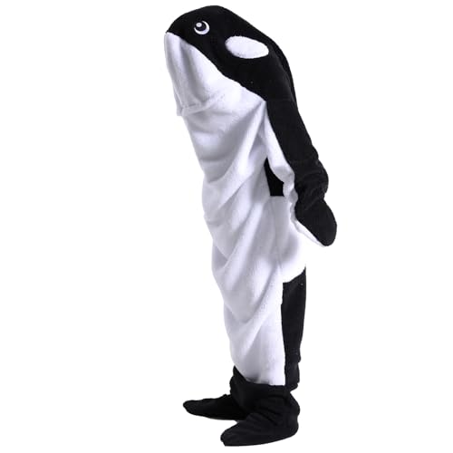 Thigies Whale Blanket Hoodie Wearable Blanket Whale Tail Hoodie Onesie Cosy Fluffy Fleece Sleeping Bag Onesie Whale Costume for Adult Women Men