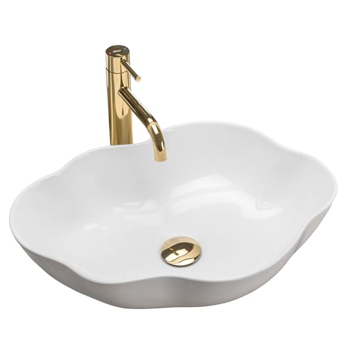 Rea Vasque à Poser Pearl White, Pour Salle De Bain, 515 x 375 x 135 mm, En Céramique, Blanche, Forme De Coquille, Irrégulière, Idéale Comme Lavabo Ou Lave-Main Pour...