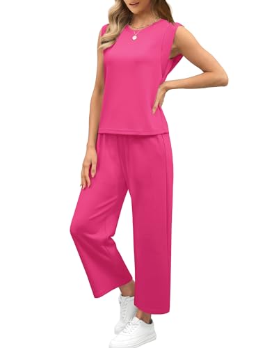 Image of SAMPEEL Two Piece Sets for Women Casual Travel Vacation Outfits Summer Wide Leg Crop Pants Lounge Sets