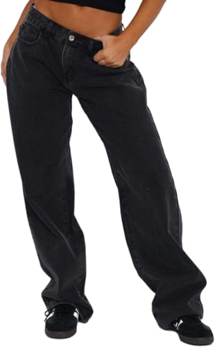 Women's Y2k Low Rise Baggy Jeans Washed Straight Wide Leg Denim Pants Casual Loose Vintage Fit Boyfriend Jean Denim Pants Black