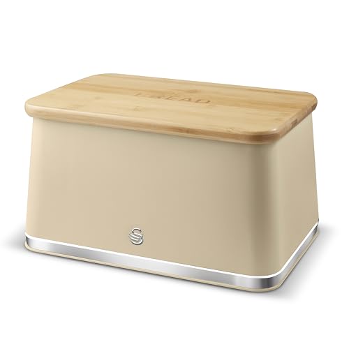 Swan Nordic SWKA18523OAT Bread Bin with Iron Body, Non-Slip Base, Stylish Soft Touch Matt Finish and Acacia Wood Pull Up Lid, 16L, Oatmeal