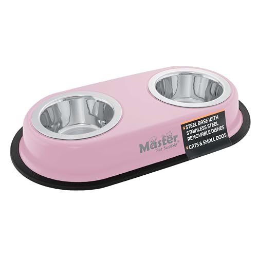 Master Pet Supply Double Dog Bowls Set with Elevated Base and 2 (8 oz) Stainless Steel Removable Dishes (Rose Quartz) Double Cat Food Water Bowl Dog Puppy Food Bowl Set Rust Resistant
