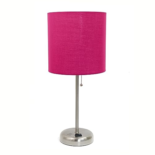 Simple Designs LT2024-PNK Brushed Steel Stick Table Desk Lamp with Charging Outlet and Drum Fabric Shade, Pink Shade