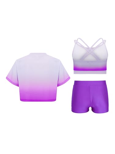 Kids Girls 3Pcs Gymnastics Outfit Set Short Sleeve T-shirt with Shorts and Crop Tank Top for Dance Purple 10 Years2