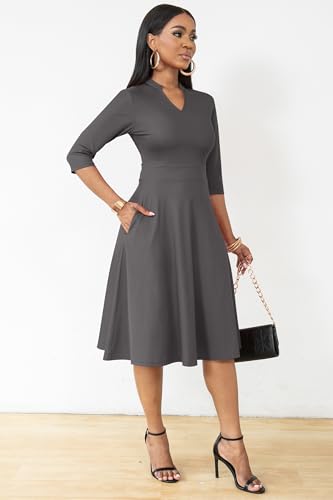 Image of Nmoder Casual Dresses for Women Semi Formal Fit and Flare 3 /4 Sleeve A-line Church Work Dress with Pockets