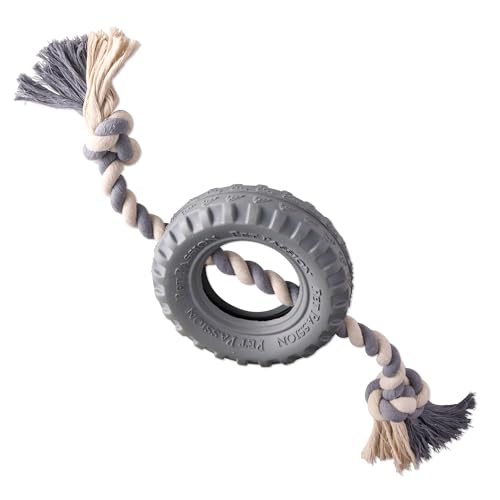 Pet Passion Natural Rubber Tire and Organic Cotton Rope Pull and Chew Dog Toy for All Pet Breeds, Gray, Medium