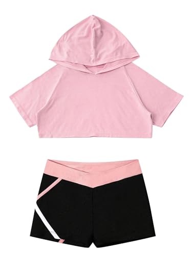 Sport Workout Dance Outfits For Kids Girls Short Sleeve Hooded Crop Top Tees And Color Block Shorts Set Activewear A Pink 10 Years3