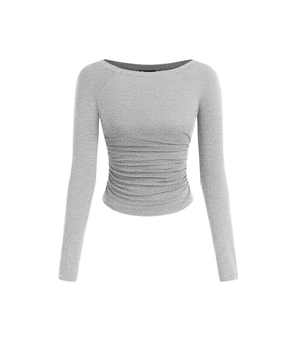 PRETTYGARDEN Long Sleeve Shirts for Women 2025 Fall Ruched Sides Boat Neck Basic Tee Casual Fitted Ribbed Knit Crop Tops