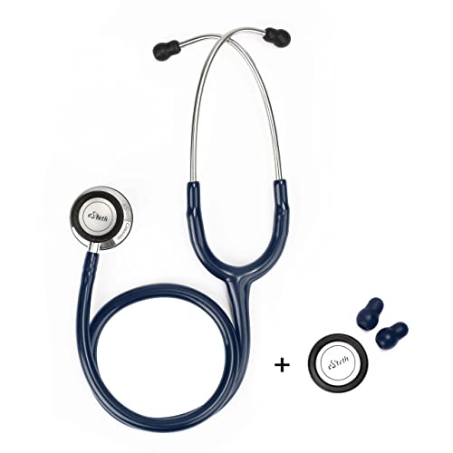 eSteth Classic Stethoscope - Sensitive Chest Piece for Monitoring Amplified Heart & Lung Sounds - Lightweight, Flexible Stethoscope Tubing - Extra Ear Tips & Non-Chill Ring - 32' Long, Navy Blue