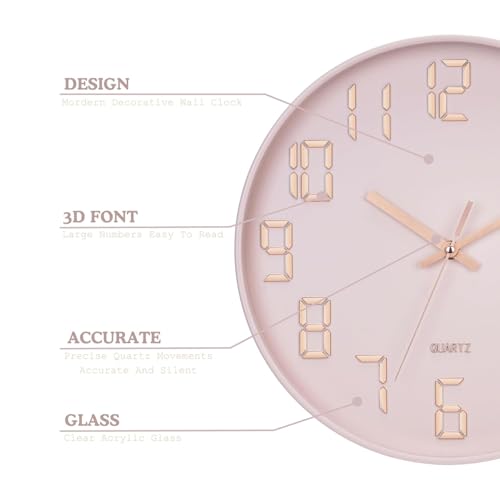 Image of SKYTONE Wall Clock 12 inch Silent Quartz Decorative Wall Clock Non-Ticking Classic Clock Round Easy to Read for Living Room, Bathroom, Kitchen, Office, School (Pink)
