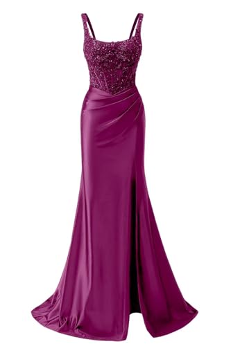 Satin Mermaid Lace Applique Prom Dresses 2026 for Women Sparkly Spaghetti Straps Square Neck Evening Gown with Slit Sequin Bodycon Formal Party Dress Grape 4