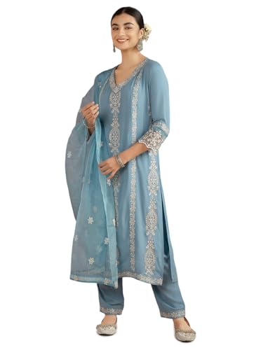 Image of Kaari Women's Chikankari Kurta Set with Dupatta - Straight Fit | Chikankari Embroidery & Lace Work | Lace on Sleeves | Organza Dupatta with Lace | Straight Pant with Side Pocket