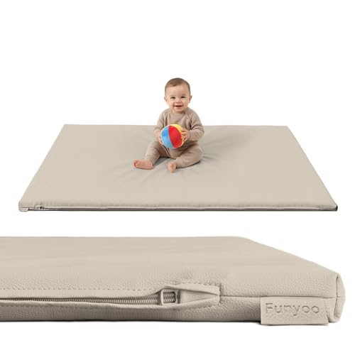 Image of Vegan Leather Baby Play Mat, 50x50 Thick Cushioned Waterproof Playpen Mat, Stylish Removable Cover Floor Mat for Babies & Toddlers, Soft Padded Play Mat for Safe Crawling, 1.2 inch Thick, Grey