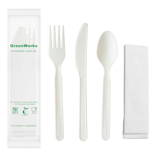GreenWorks 7″ Heavy-duty Compostable Cutlery Kits, BPI Certified, 200 Sets (Fork, Spoon,Knife,Napkin 4 in 1) Individually Wrapped With Compostable Bags，Alternative to Plastic Disposable Utensils