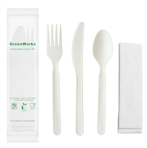 GreenWorks 7" Heavy-duty Compostable Cutlery Kits, BPI Certified, 200 Sets (Fork, Spoon,Knife,Napkin 4 in 1) Individually Wrapped With Compostable Bags,Alternative to Plastic Disposable Utensils